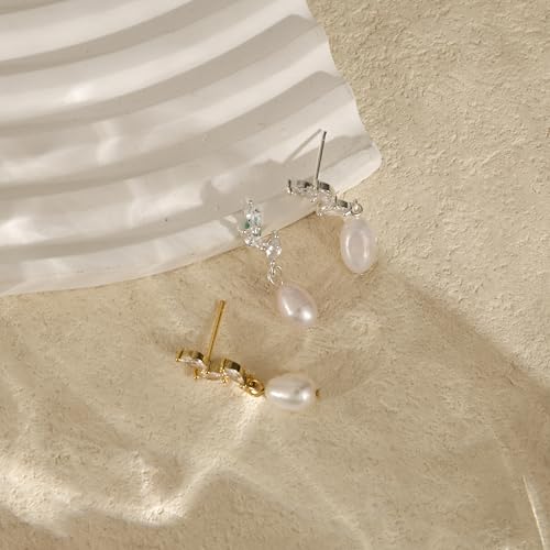 Hayopi Pearl Earrings for Women - Dainty Gold Dangle Drop Earrings, 14k Gold Plated Cute Bow Design, Hypoallergenic Pearl Studs, Wedding Jewelry Gifts - color: SILVER-silver CZ