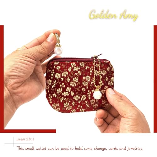 Handmade Women Coin Purse Rosary Pouch Silk Jewelry Bag Brocade Zipper Wallet -Crimson - color: Crimson