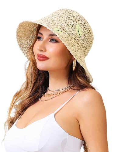 LA CARRIE Womens Sun Hat Floppy Packable Wide Brim UV Protection UPF 50+ Straw Hat with Embroidery for Summer Beach - color: Beige