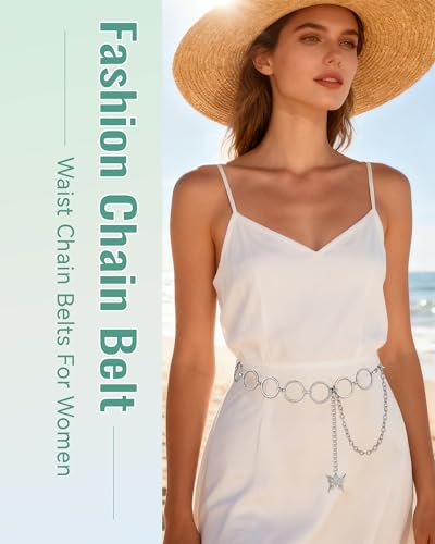 AWAYTR Cute Chain Belts for Women - Metal Waist Chain Belt for Dresses Jeans Country Concert Outfit - color: Silver-circle