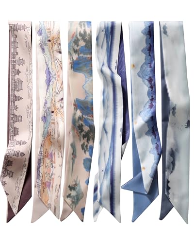 ZXZH 6 Pack Fashion Scarves for Women, Versatile Boho Head Scarf, Satin Scarf for Hair, Neck, Wrist, and Purse Accessories - color: Oriental Ink Landscape