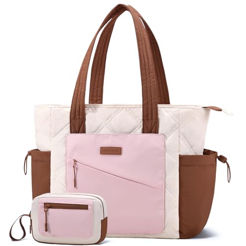 LOVEVOOK Tote Bag for Women, puffer tote bag for Work Travel Nurse, Lightweight quilted Bags with Compartments - color: M-15.6 Inch-‎cream-pink