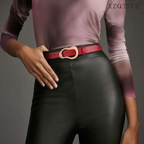 XZQTIVE Leather Belts for Women Casual Fashion Waist Belt for Jeans Pants Dresses with Unique Liquid Shapes Gold Buckle - color: Red, size: Fit Waist 28-35in