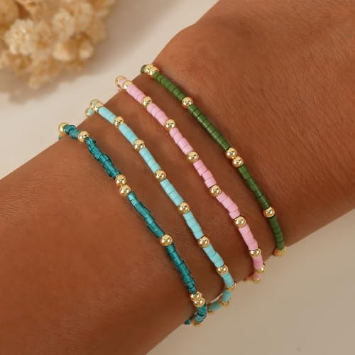 Dainty Gold Colorful Beaded Bracelets Stack for Women,4PCS Cute Bohemian Colorful Small Beads Stackable Stretch Bracelet Set Trendy Holiday Party Accessories Jewelry Gift Friendship - color: Green Cyan