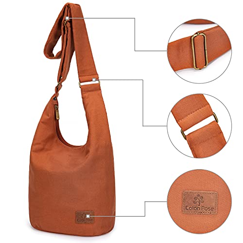 Coton Pose Women Hippie Crossbody Bag - Top Zip Large Capacity Canvas Sling Bag - Jacquard Cloth Handmade - color: Orange
