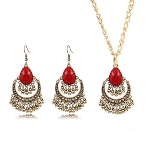 Handmade Teardrop Turquoise Earrings Necklace Set for Women Bohemia Tribal Antique Ethnic Style Earring Delicate Teardrop Gemstone Dangle Drop Statement Earrings Western Jewelry - color: Red Tassel