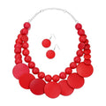 Chunky Wood Beaded Necklace Earrings Set African Tribal Collar Choker Necklace Geometric Ethnic Statement Jewelry - color: red