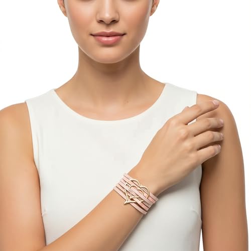 Edoneery Leather Wrap Bracelet for Women, Boho Handmade Multi-Layer Cuff with Crystal Beads Heart, Stackable Bangle Western Jewelry Gift - style: Heart(Pink)