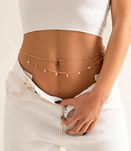 Honsny 2PCS 25-43Inch 18K Gold Plated Waist Chain Minimalist Pearl Belly Body Chain Gold Layered Sexy Bikini Body Chains Waist Jewelry for Women - color: E:Sequin, size: S(25-31INCH)