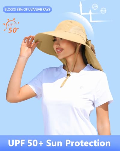 Womens Sun Hat Outdoor UV Protection Wide Brim Fishing Hat with Ponytail Hole Neck Flap for Beach Hiking Camping - color: Sun Hat-khaki