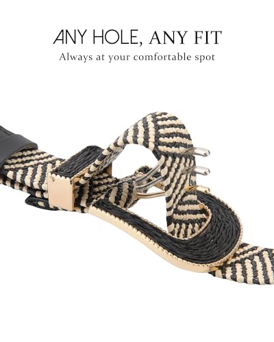 AWAYTR Womens Boho Woven Belt - Easy Care Plastic Elastic Belt with Handmade Raffia Buckle for Daily Vacation Work - color: Black With Beige Stripes, size: Fit Waist 26''-31''