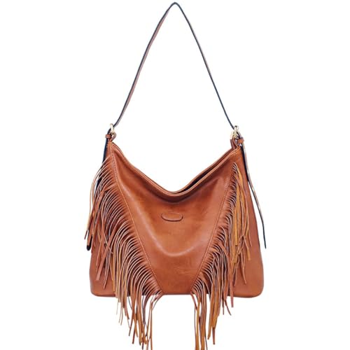 PU Leather Fringe Hobo Bag Large Studded Handbag Crossbody Bag for Women - color: D-brown