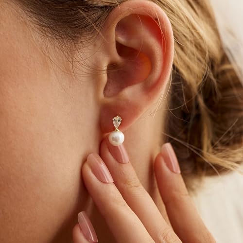 Hayopi Pearl Earrings for Women - Dainty Gold Dangle Drop Earrings, 14k Gold Plated Cute Bow Design, Hypoallergenic Pearl Studs, Wedding Jewelry Gifts - color: GOLD-Small CZ Drop pearl