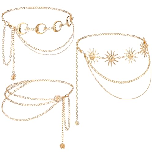 3Pcs Layered Waist Chains for Women Gold Multilayer Metal Adjustable Fashion Accessories Dress Hip Chain Belt - style: Boho Gold Sunflower