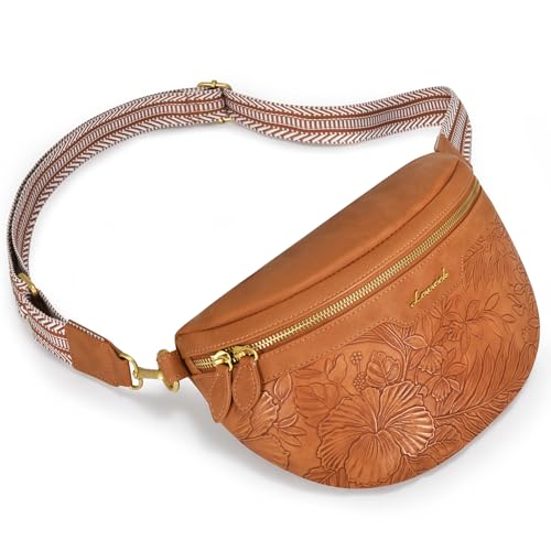 LOVEVOOK Fanny Packs for Women Cross Body, Vegan Leather Belt Bag for Women, Waterproof Sling Purse Fashion Waist Pack Designer Chest Bum Bag with Boho Style Strap - color: Embossed Brown, size: M