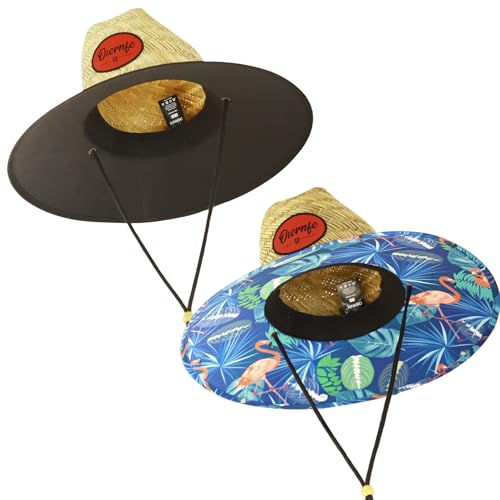 2 Pack Unisex Lifeguard Hat with Wide Brim-Lightweight & Breathable Beach Hat for Sun Protection,Straw Sun Hat for Gardening - color: Black/Flamingo