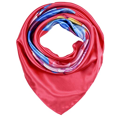 QBSM 35'' Satin Large Square Head Scarf Silk Feeling Neck Scarves Hair Sleeping Wrap Lightweight Headscarf for Women - color: Rose Red Peony