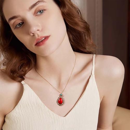 Handmade Teardrop Turquoise Earrings Necklace Set for Women Bohemia Tribal Antique Ethnic Style Earring Delicate Teardrop Gemstone Dangle Drop Statement Earrings Western Jewelry - color: Red