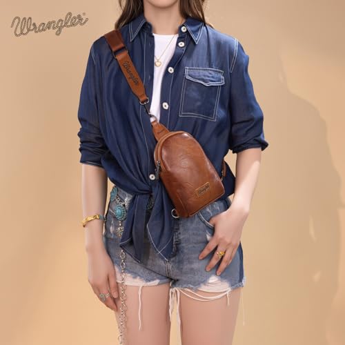Wrangler Small Sling Bag for Women, Leather Crossbody Bags Cross Body Purse Fanny Packs with Adjustable Strap for Gift - color: Classic-caramel Brown Distressed