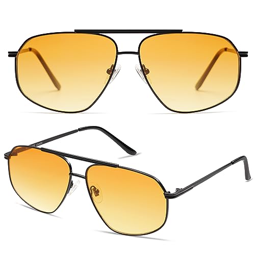 SOJOS Retro Hexagon Aviator Sunglasses for Women Men Trendy Vintage UV400 Protection Shades SJ1200 - color: Black/Yellow Tint