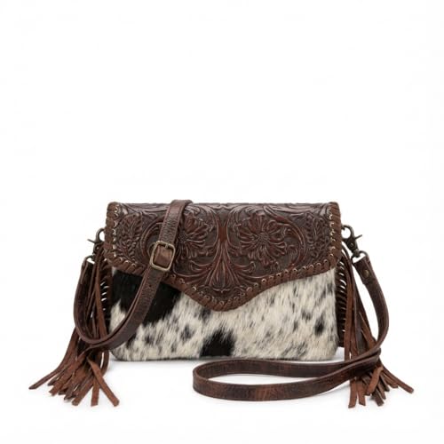 Genuine Cowhide Crossbody Purse - Tooled Leather Fringe Bag for Women - Western Shoulder Handbag Rodeo Style - color: Dk Brown