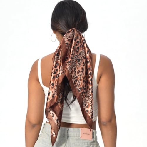 Leopard Print Head Scarf for Women Like Silk Satin Scarf for Hair Wrapping at Night Bandana Square Scarf 35 Inches - color: Dark Brown Leopard