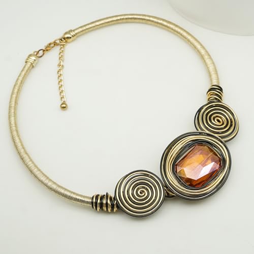 Chunky African Costume Necklace for Women - Colorful Ethnic Boho Bib Collar Choker,Tribal Wire Wrapped Big Stone Crystal Statement Handmade Jewelry - color: gold black