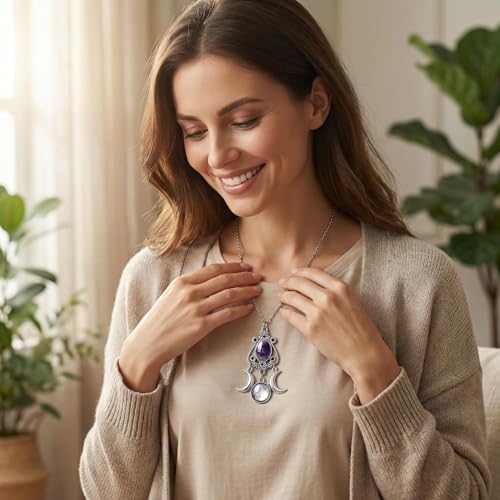 Gothic Vintage Gem Pendant Necklace | Victorian Style Filigree Silver-Tone Jewelry | Ideal Gift for Party Cosplay & Daily Wear - color: Purple Triple Moon