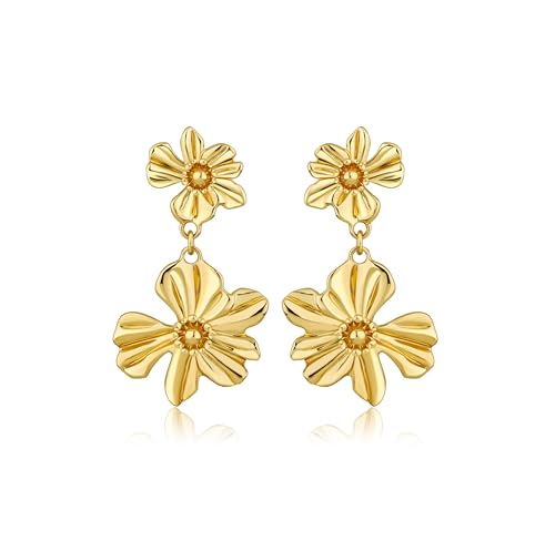 Gold Statement Earrings For Women 18K Gold Plated Sectored Flower Leaf Shell Angel Wing Earring Large Stud Earrings Hypoallergenic Stud - color: Flower Drop Earrings