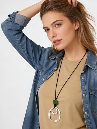 Boho Necklaces for Women Cord Necklace with Pendant Long Silver Necklace Vintage Sweater Necklace Hippie Jewelry for Women Girls Gifts - style: Boho Cord Necklace