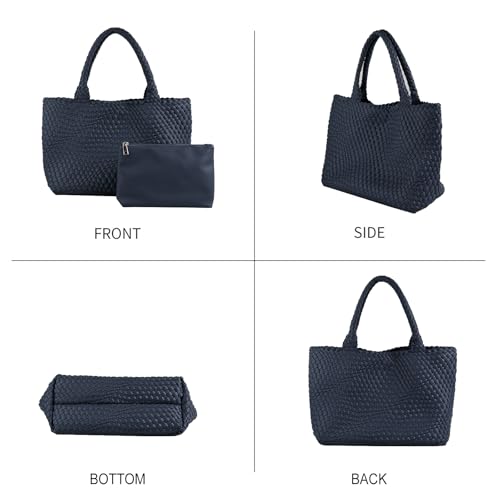 Handmade Woven Bag Satchel Handbag For Women Vegan Leather Tote Bag With Purses Travel Shoulder Bag Underarm Bag - color: Navy Blue