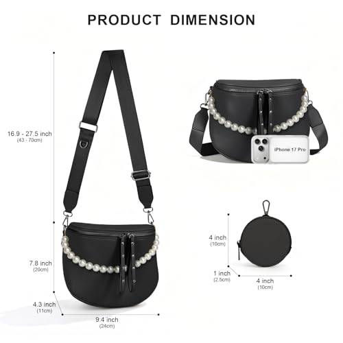 Crossbody Bags for Women, Large Vegan Leather Trendy Bum Bag - color: Black + Pearl Chain