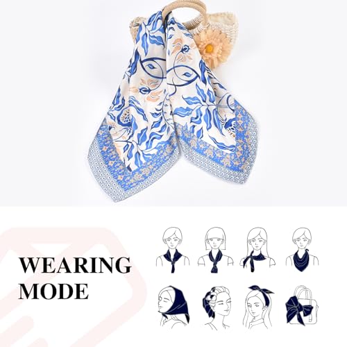 27.5 Inches Silk Head Scarf for Women Satin Hair Scarf Silk Wrap Neck Square Scarves Feeling Scarf Boho Headwear - color: Branch-blue