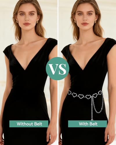 AWAYTR Cute Chain Belts for Women - Metal Waist Chain Belt for Dresses Jeans Country Concert Outfit - color: Silver-heart