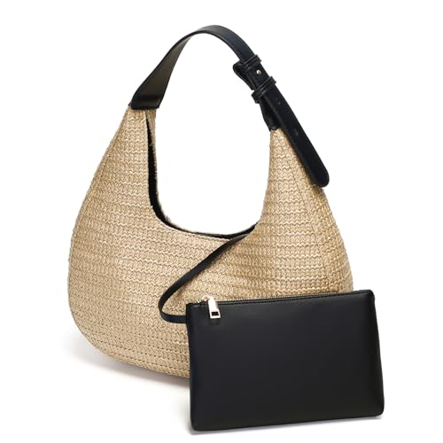 Herald Hobo Crescent Straw Handbag for Women, Summer Beach Tote Bag Purse Top Handle Satchel with Adjustable Strap - color: Black