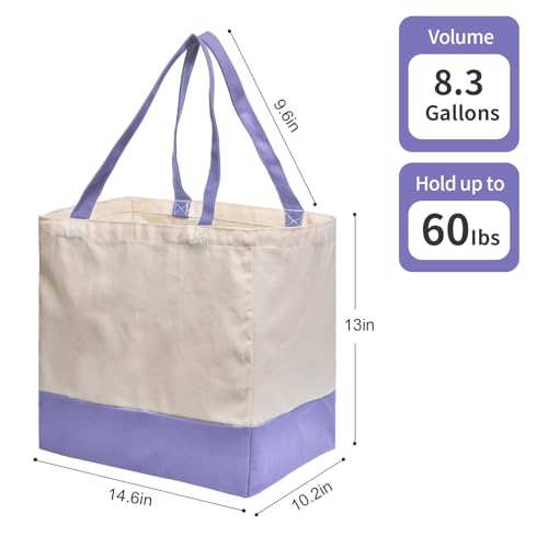 Reusable Grocery Bags Heavy Duty, 8.3 gal Foldable Large Canvas Tote Bag with Handles, Holds 60 lbs Canvas Shopping Bags, 3 Pack（Off White+Light purple） - color: [A1] Off White / Light Purple, size: 3 Pack