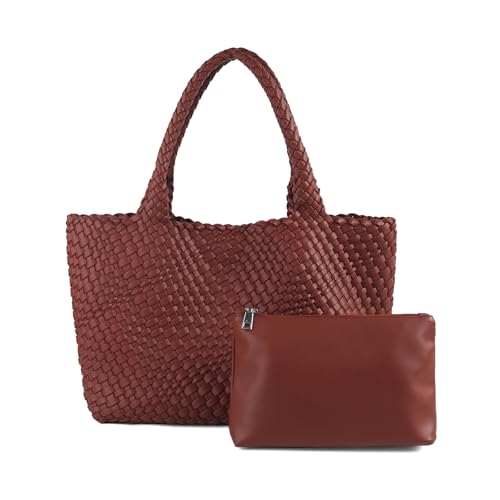 Handmade Woven Bag Satchel Handbag For Women Vegan Leather Tote Bag With Purses Travel Shoulder Bag Underarm Bag - color: Wine Red