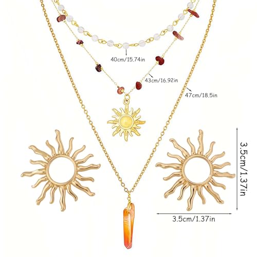 Layered Crystal Sun Necklace and Sun Earrings,Gold Summer Beach Necklace,Gothic Boho Hippie Jewelry,Ideal Jewelry Gifts for Women