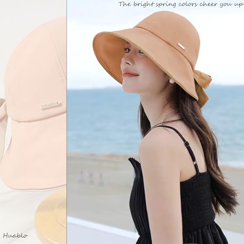 Wide Brim Hats for Woman Foldable Hats Sun Hats for Women uv Protection Bowknot Bucket hat Adjustable hat with Ponytail Hole - color: Coral Pink