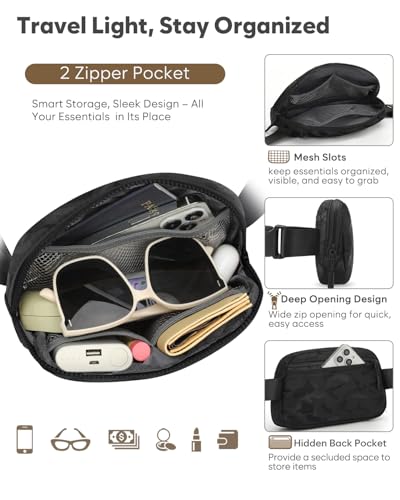 Pritent Fanny Packs for Women Cross Body Bag Waterproof Belt Bag with Adjustable Strap and Zipper Back Pocket Small Crossbody Bags Fashion Waist Packs for Workout Travelling(Camo Black) - color: Camo Black, size: Small