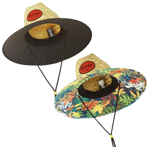 2 Pack Unisex Lifeguard Hat with Wide Brim-Lightweight & Breathable Beach Hat for Sun Protection,Straw Sun Hat for Gardening - color: Black/Monstera