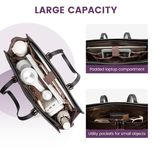 LOVEVOOK Laptop Bag for Women 15.6 inch Canvas Laptop Tote Bag, Large Capacity Work Bag with Clutch Purse, Computer Bag Office Business Briefcase, Casual Handbag for Travel College Teacher School - color: Black & Purple, size: 15.6 inch