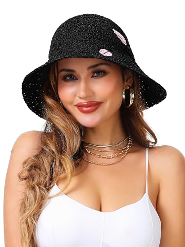 LA CARRIE Womens Sun Hat Floppy Packable Wide Brim UV Protection UPF 50+ Straw Hat with Embroidery for Summer Beach - color: Black