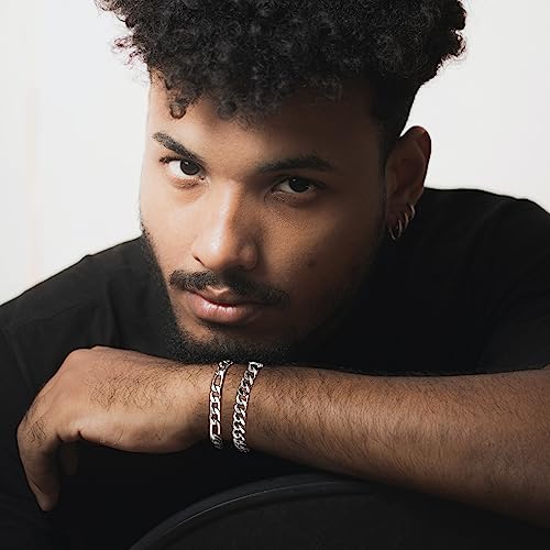 2Pcs Stainless Steel Bracelets for Men 14K Gold Plated Cuban Link Figaro Rope Silver Chain Bracelet Set Curb Width Sturdy Bracelet 7.5/8.3/9 Inches Jewelry Gifts for Dad Husband - color: B:Silver-Figaro+Cuban Link, size: Display Length: 9.0 Inches