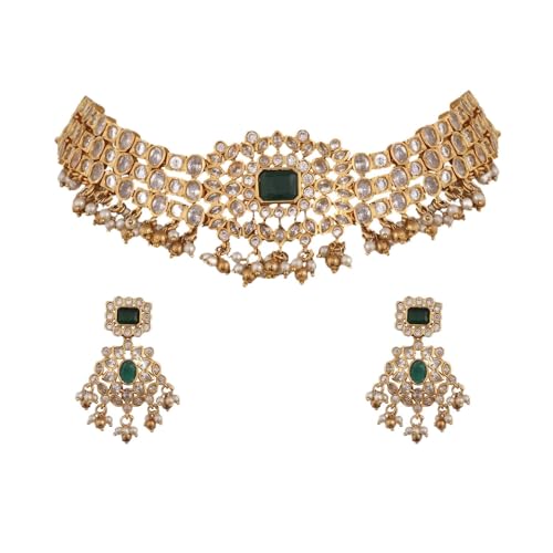 TARINIKA Brass Indian Choker Necklace Set - Gold Plated Cubic Zirconia Indian Jewelry Sets for Women Dangle, Drop, Jhumka Earrings Traditional Desi Necklace Pearls Gift for her - style: Ethnic