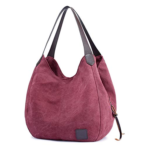 DOURR Women's Multi-pocket Shoulder Bag Fashion Cotton Canvas Handbag Tote Purse - color: Purple Coffee - Medium Size