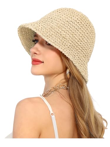 Rulala Fancy Womens Sun Hat Handmade Straw Bucket UV Protection Wide Brim Packable Travel Summer Cap for Beach UPF 50+ - color: Beige