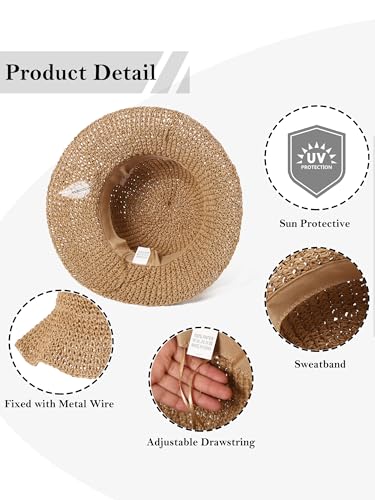 LA CARRIE Womens Sun Hat Floppy Packable Wide Brim UV Protection UPF 50+ Straw Hat with Embroidery for Summer Beach - color: Khaki