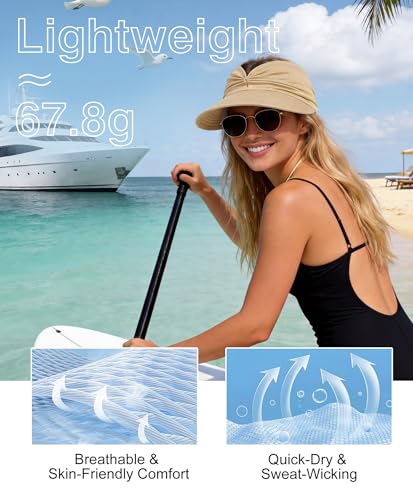 Zando Sun Visor Hats for Women - Beach Wide Brim Fashion Hat UV Protection Quick Dry Packable Summer Cap for Casual Sports - color: Beige