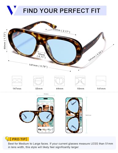 VANLINKER Oversized Retro Aviator Sunglasses for Women Men Chic 70s Vintage Style Trendy 2026 Chunky Sun Glasses VL9865 - color: C6 Tortoise Frame/Light Blue Lenses